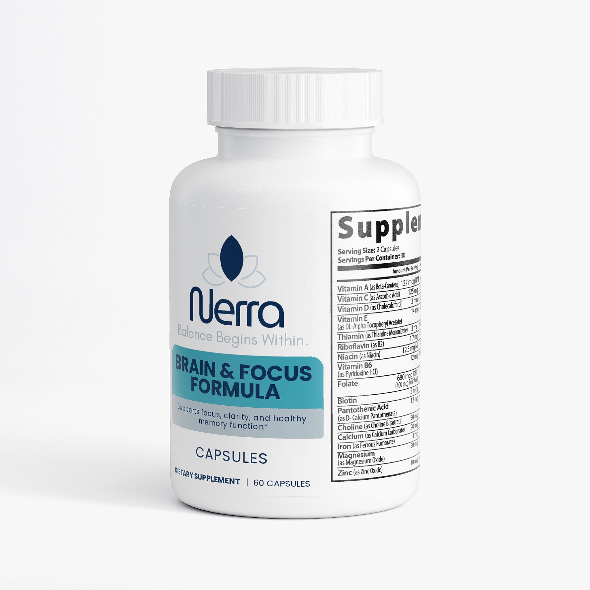 Nerra Brain & Focus Formula supplement bottle on a white background