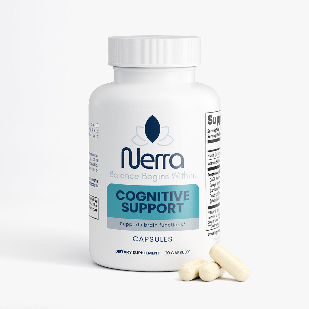Nerra cognitive support supplement bottle with capsules on a white background