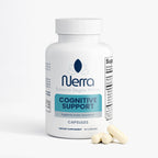 Nerra cognitive support supplement bottle with capsules on a white background
