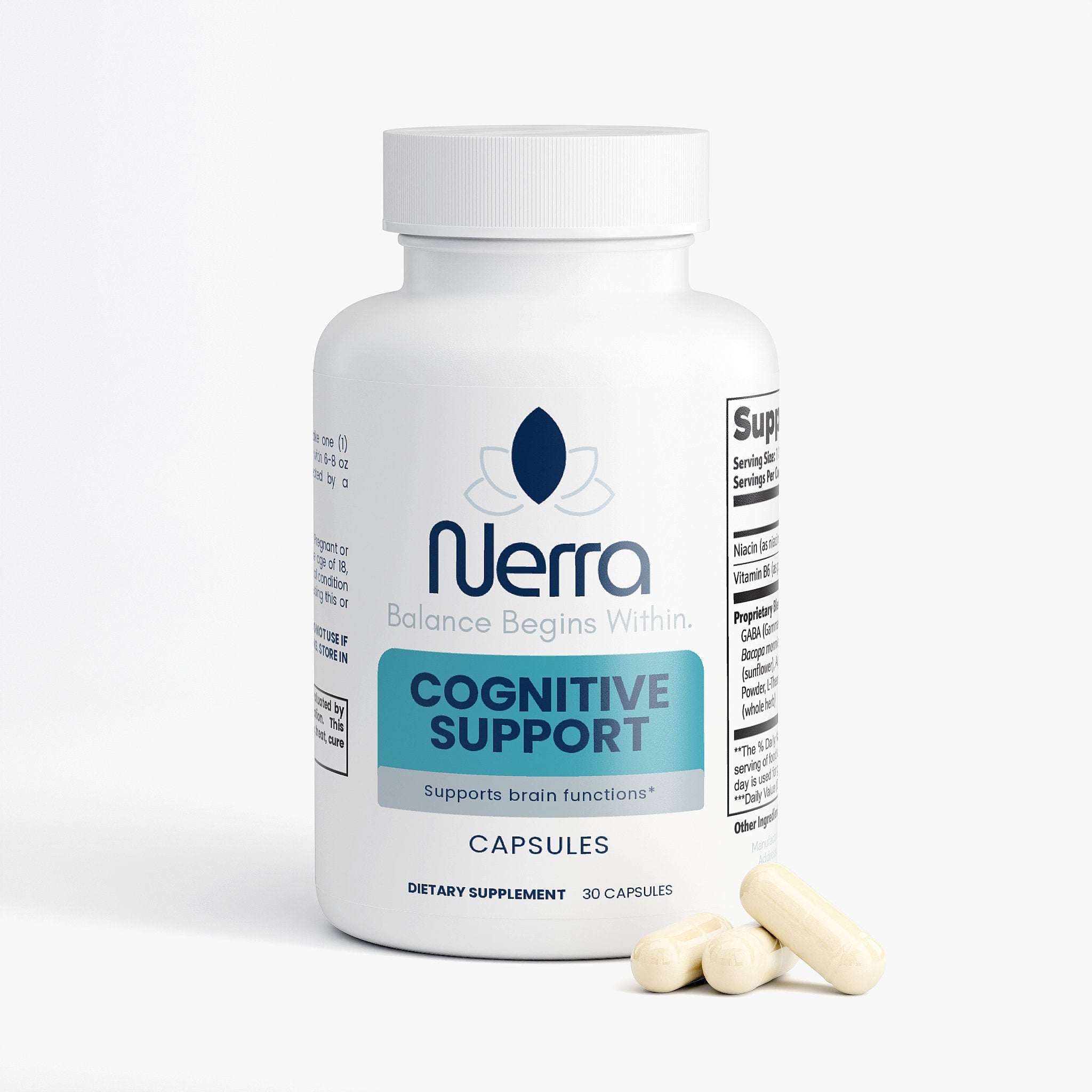 Nerra cognitive support supplement bottle with capsules on a white background