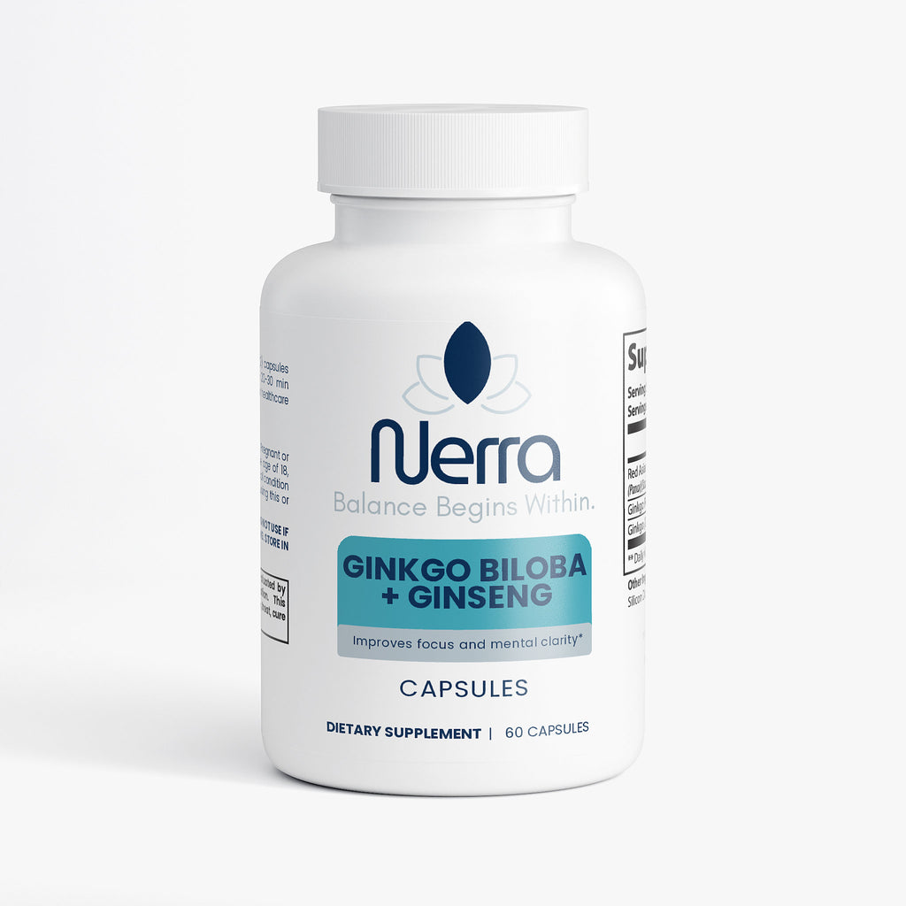 Nerra Ginkgo Biloba + Ginseng supplement bottle on a white background