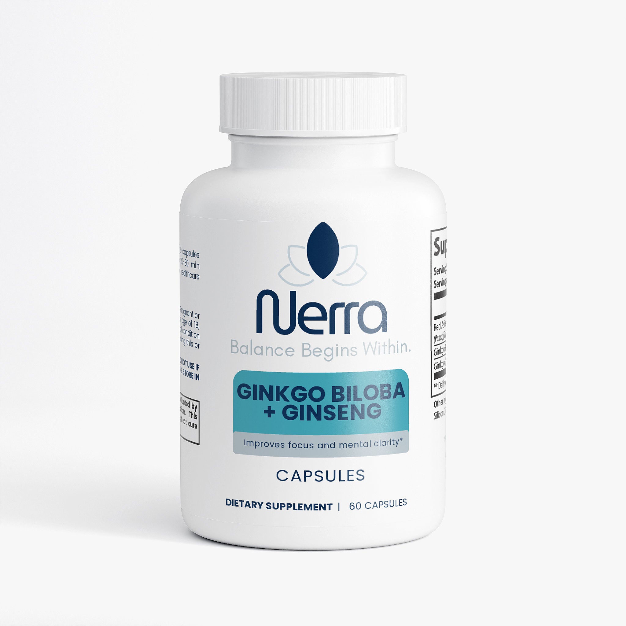 Nerra Ginkgo Biloba + Ginseng supplement bottle on a white background